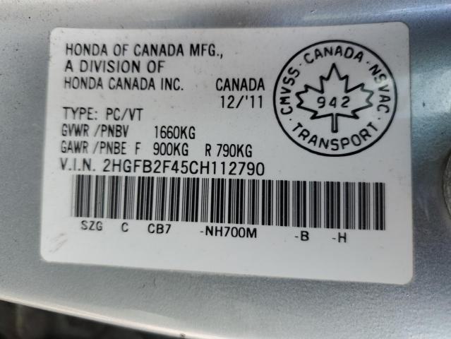 2HGFB2F45CH112790 - 2012 HONDA CIVIC LX SILVER photo 13