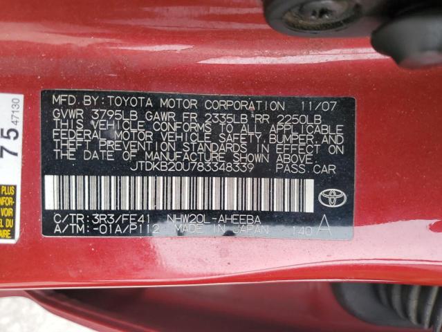 JTDKB20U783348339 - 2008 TOYOTA PRIUS RED photo 12