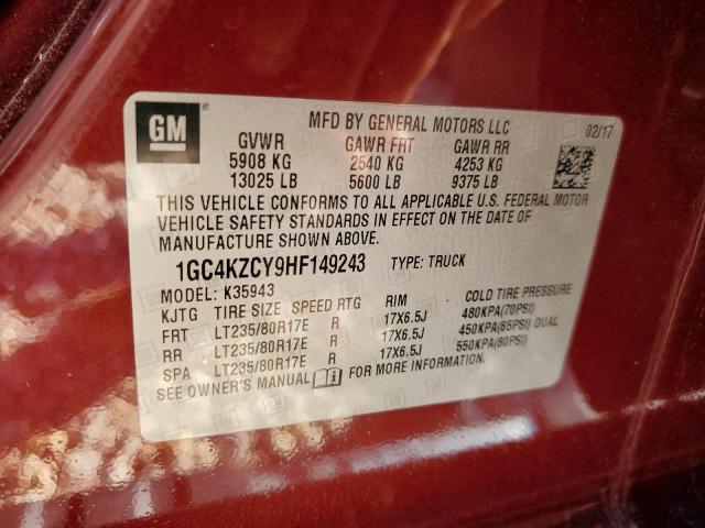 1GC4KZCY9HF149243 - 2017 CHEVROLET SILVERADO K3500 LT MAROON photo 12