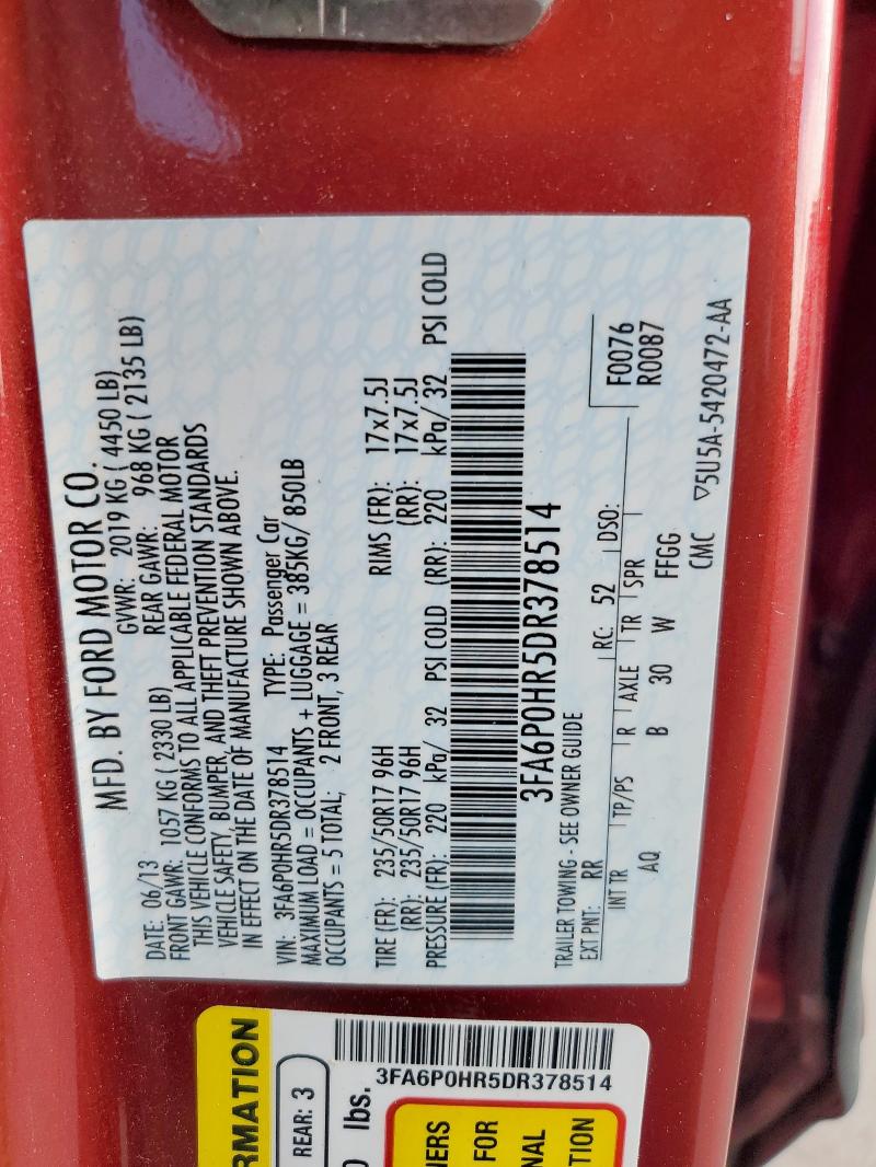 3FA6P0HR5DR378514 - 2013 FORD FUSION SE BURGUNDY photo 12