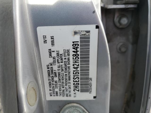 2HGES15142H584491 - 2002 HONDA CIVIC DX SILVER photo 12