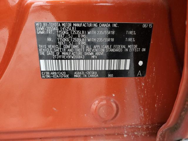 2T3YFREV9FW200843 - 2015 TOYOTA RAV4 LIMITED ORANGE photo 13