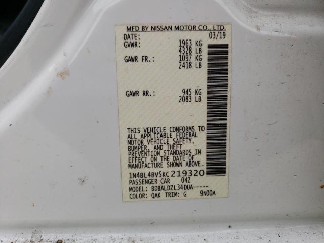 1N4BL4BV5KC219320 - 2019 NISSAN ALTIMA S WHITE photo 13