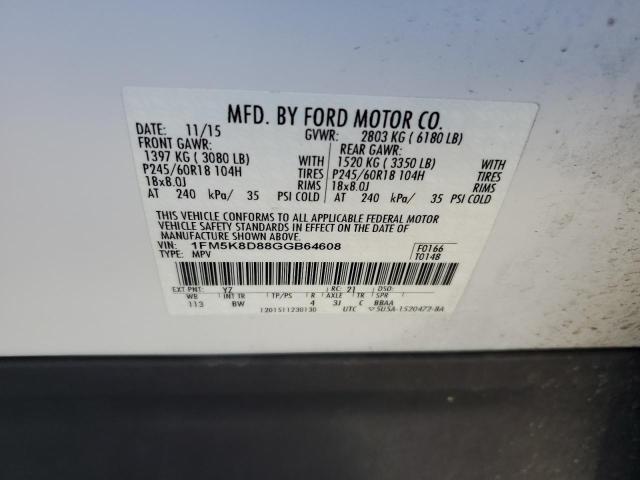 1FM5K8D88GGB64608 - 2016 FORD EXPLORER XLT თეთრი ფოტო 13