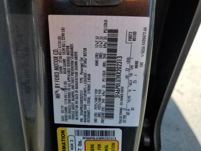 3FA6P0LU3KR202313 - 2019 FORD FUSION SE გრაფიტი ფოტო 12