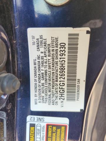 2HGFG12698H519330 - 2008 HONDA CIVIC LX BLUE photo 12