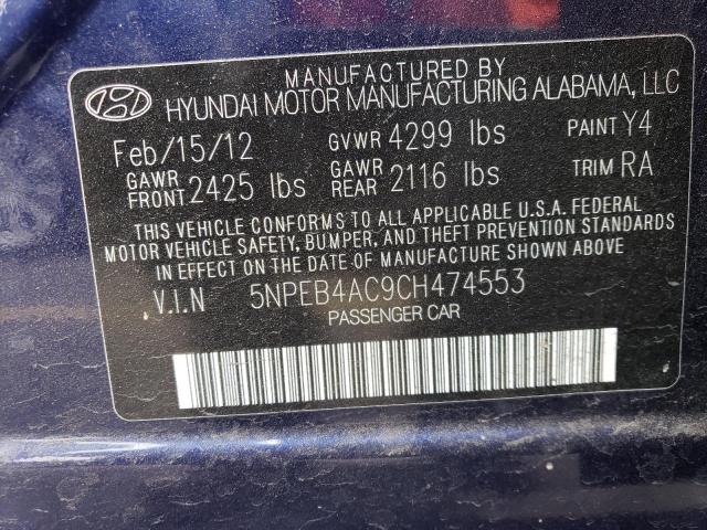 5NPEB4AC9CH474553 - 2012 HYUNDAI SONATA GLS BLUE photo 12