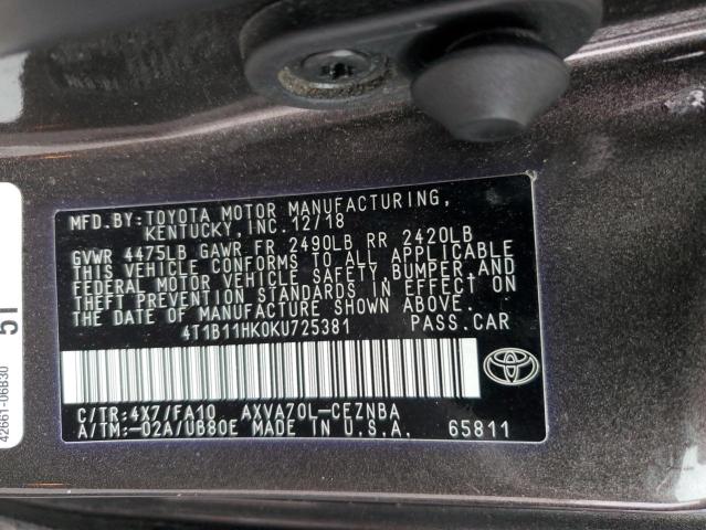 4T1B11HK0KU725381 - 2019 TOYOTA CAMRY L GRAY photo 12