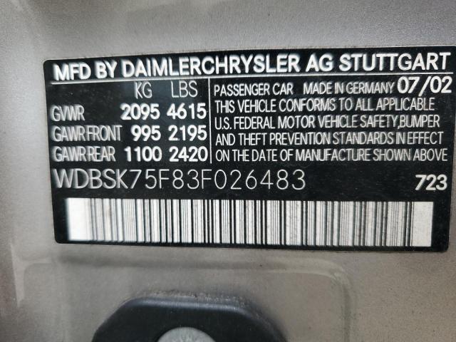 WDBSK75F83F026483 - 2003 MERCEDES-BENZ SL 500R SILVER photo 12