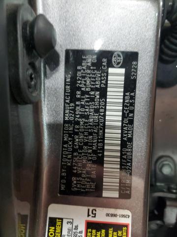 4T1B11HK7KU748205 - 2019 TOYOTA CAMRY L 灰色 照片 12