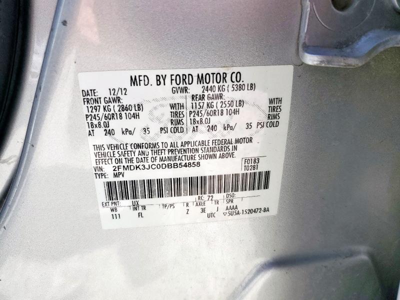 2FMDK3JC0DBB54858 - 2013 FORD EDGE SEL Արծաթագույն լուսանկար 12