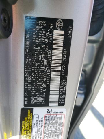4T1BE30K56U692833 - 2006 TOYOTA CAMRY LE ვერცხლისფერი ფოტო 12