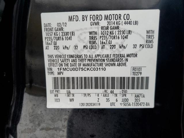 1FMCU0D75CKC03110 - 2012 FORD ESCAPE XLT BLACK photo 13