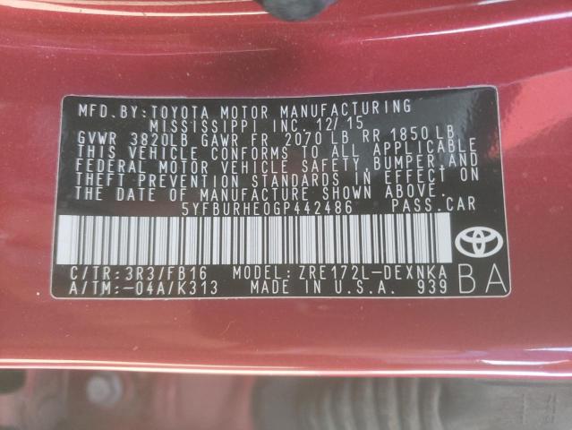 5YFBURHE0GP442486 - 2016 TOYOTA COROLLA L RED photo 12