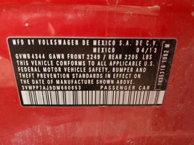 3VWPP7AJ9DM680653 - 2013 VOLKSWAGEN JETTA S RED photo 12