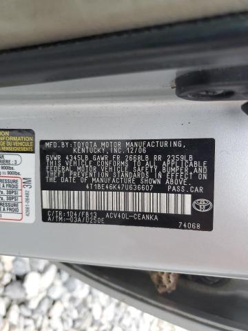 4T1BE46K47U636607 - 2007 TOYOTA CAMRY CE 银色 照片 12