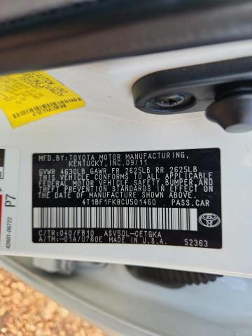 4T1BF1FK8CU501460 - 2012 TOYOTA CAMRY BASE WHITE photo 12