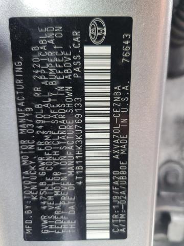 4T1B11HK3KU769133 - 2019 TOYOTA CAMRY L SILVER photo 12