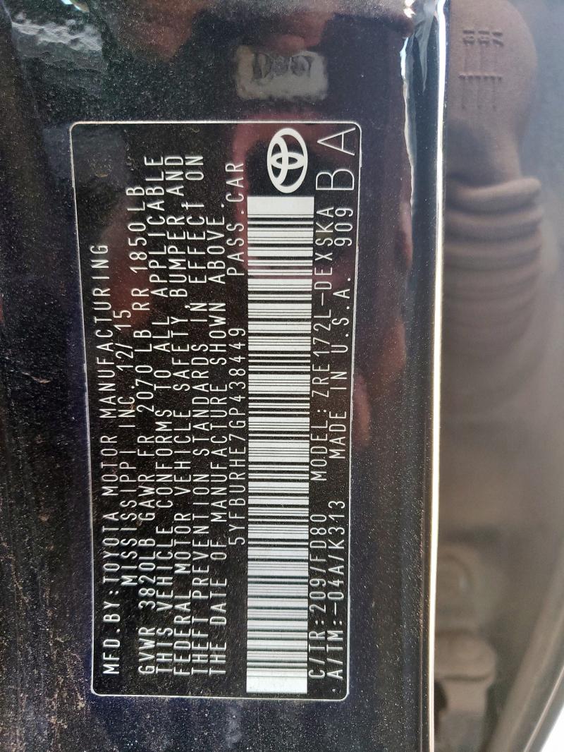 5YFBURHE7GP438449 - 2016 TOYOTA COROLLA L BLACK photo 12