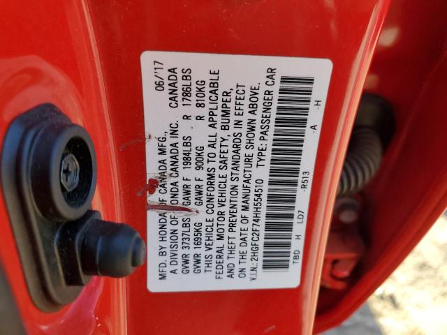 2HGFC2F74HH554510 - 2017 HONDA CIVIC EX RED photo 12