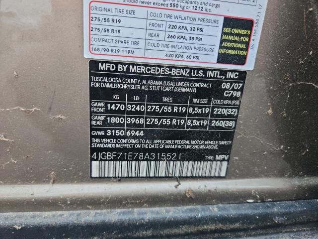 4JGBF71E78A315521 - 2008 MERCEDES-BENZ GL 450 4MATIC TAN photo 12