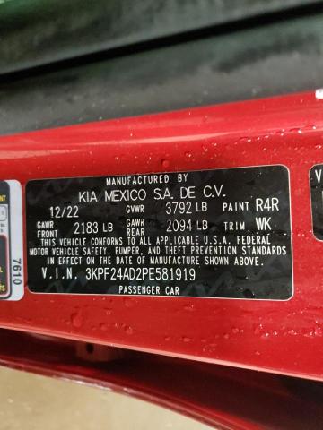 3KPF24AD2PE581919 - 2023 KIA FORTE LX RED photo 13