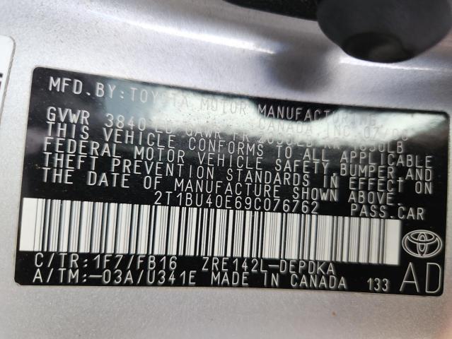 2T1BU40E69C076762 - 2009 TOYOTA COROLLA BASE Argent photo 12
