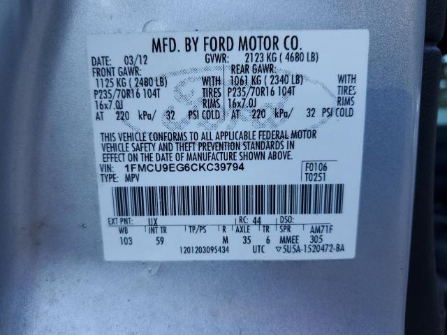 1FMCU9EG6CKC39794 - 2012 FORD ESCAPE LIMITED SILVER photo 13