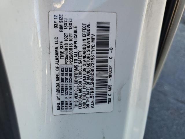 5FNRL5H98CB073198 - 2012 HONDA ODYSSEY TOURING WHITE photo 12