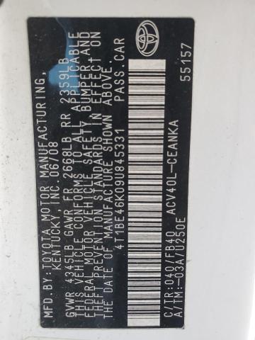 4T1BE46K09U845331 - 2009 TOYOTA CAMRY BASE WHITE photo 12