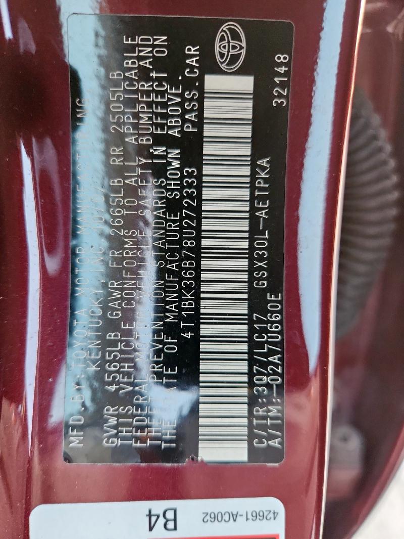 4T1BK36B78U272333 - 2008 TOYOTA AVALON XL BURGUNDY photo 12