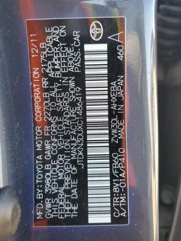 JTDKN3DUXC1486419 - 2012 TOYOTA PRIUS CHARCOAL photo 12