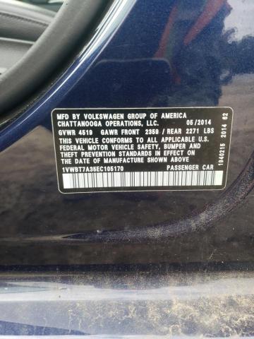 1VWBT7A35EC105170 - 2014 VOLKSWAGEN PASSAT SE 蓝色 照片 12