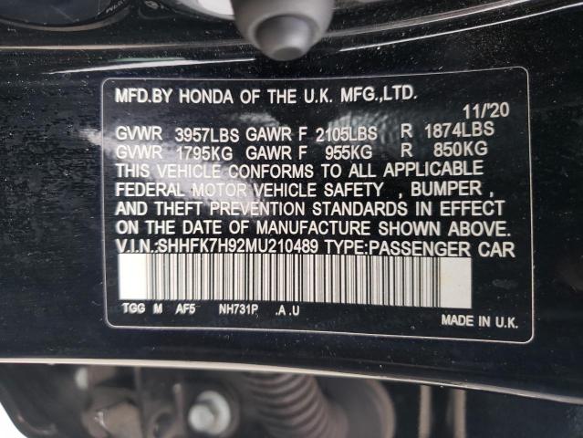 SHHFK7H92MU210489 - 2021 HONDA CIVIC SPORT TOURING BLACK photo 12