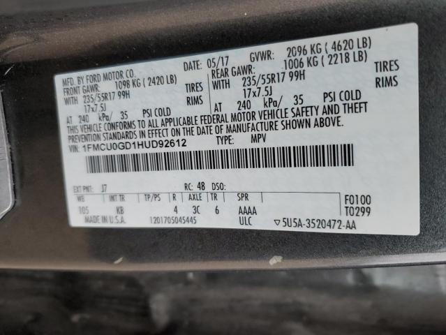 1FMCU0GD1HUD92612 - 2017 FORD ESCAPE SE GRAY photo 12