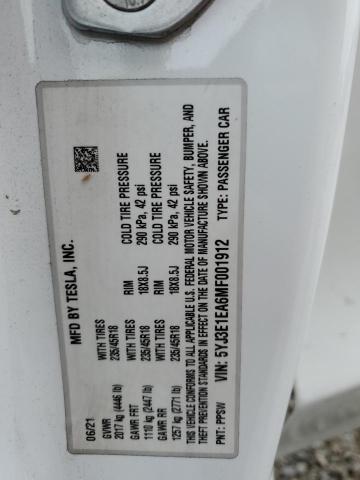 5YJ3E1EA6MF001912 - 2021 TESLA MODEL 3 Ağ foto 13