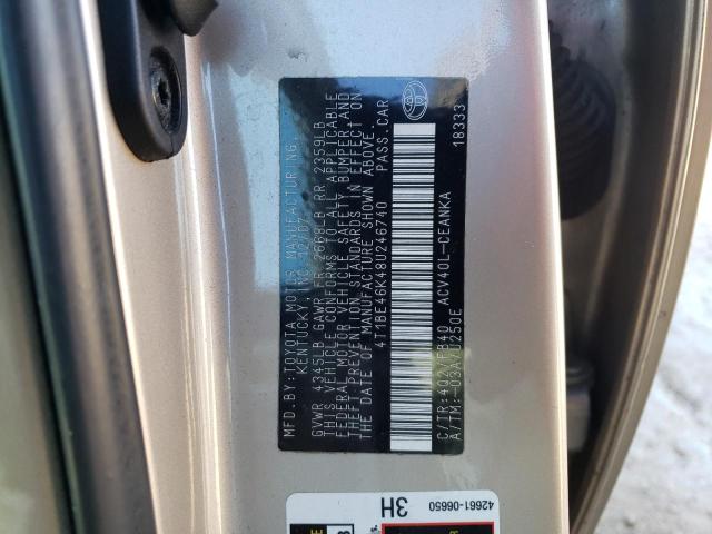 4T1BE46K48U246740 - 2008 TOYOTA CAMRY CE TAN photo 12