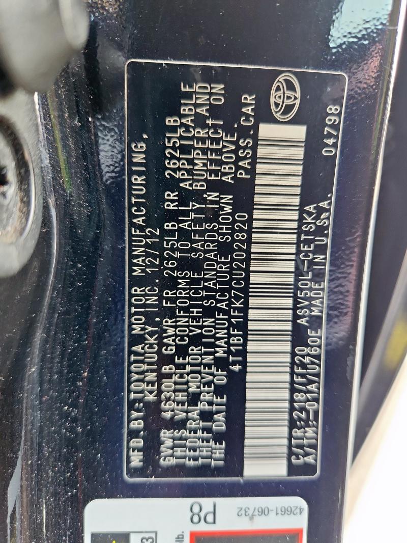 4T1BF1FK7CU202820 - 2012 TOYOTA CAMRY BASE Negro foto 13