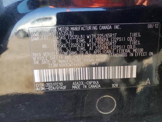 2T3BF4DVXCW244825 - 2012 TOYOTA RAV4 BLACK photo 12