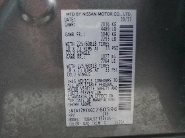 5N1AT2MTXGC760596 - 2016 NISSAN ROGUE S GRAY photo 13