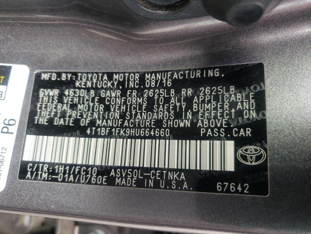 4T1BF1FK9HU664660 - 2017 TOYOTA CAMRY LE GRAY photo 12