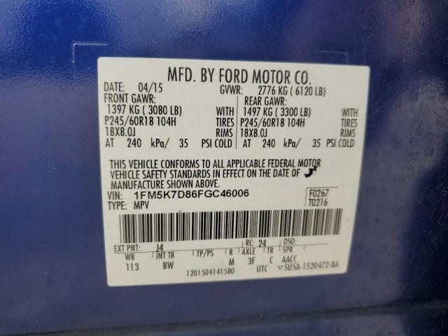 1FM5K7D86FGC46006 - 2015 FORD EXPLORER XLT BLUE photo 13