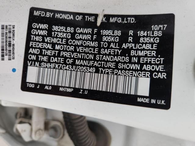 SHHFK7G43JU205349 - 2018 HONDA CIVIC SPORT Ақ фото 12