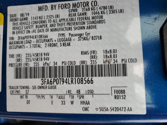 3FA6P0T94LR108566 - 2020 FORD FUSION SE BLUE photo 12