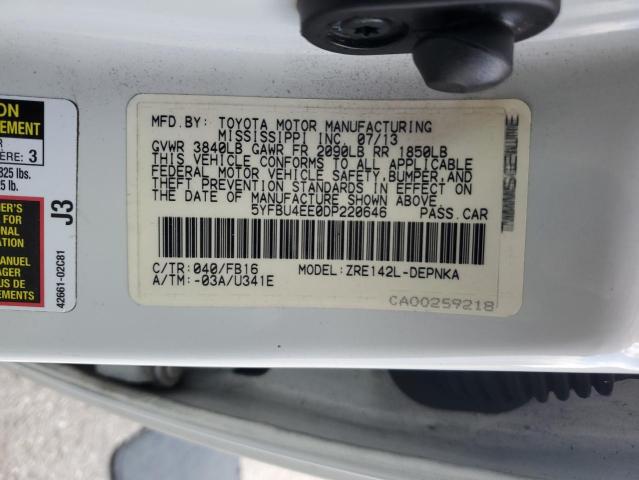 5YFBU4EE0DP220646 - 2013 TOYOTA COROLLA BASE WHITE photo 12