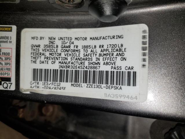 1NXBR32E45Z428867 - 2005 TOYOTA COROLLA CE GRAY photo 12