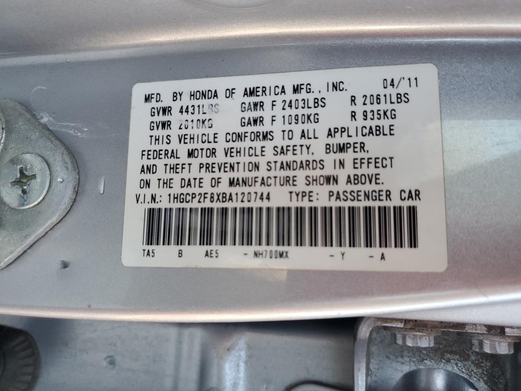 1HGCP2F8XBA120744 - 2011 HONDA ACCORD EXL Silber Foto 13