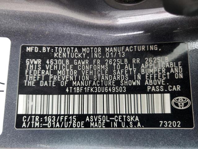 4T1BF1FK3DU649503 - 2013 TOYOTA CAMRY L 灰色 照片 12