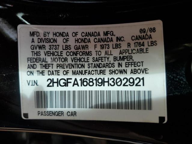 2HGFA16819H302921 - 2009 HONDA CIVIC EX BLACK photo 12