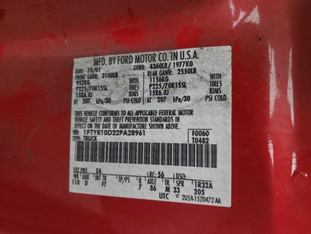 1FTYR10D22PA28961 - 2002 FORD RANGER RED photo 12